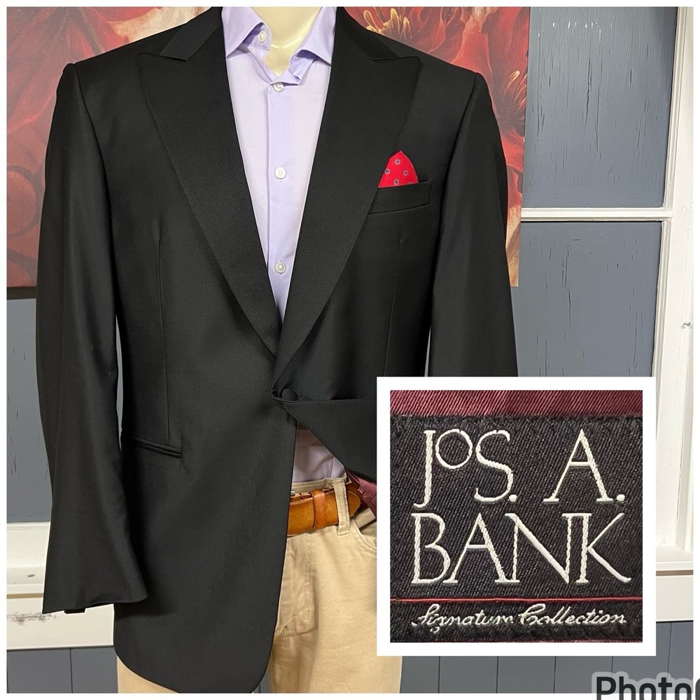 Jos A Bank Tuxedo Single Button Blazer Mens 41R Slim Fit Wool Black‎ Ventless